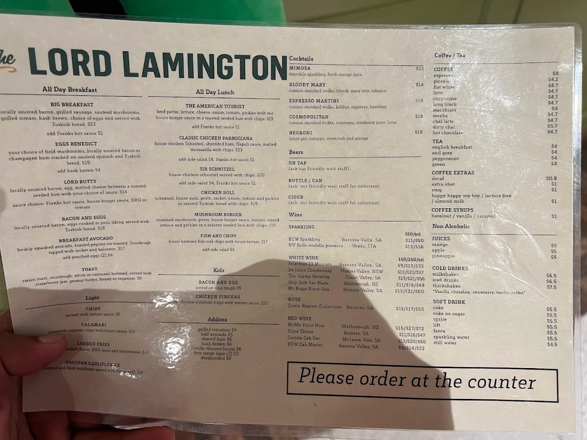 Menu, The Lord Lamington Bar Bistro