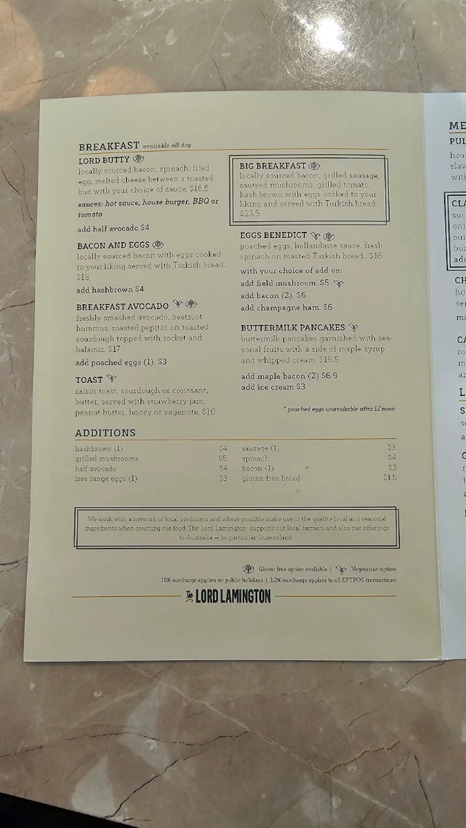 Menu, The Lord Lamington Bar Bistro