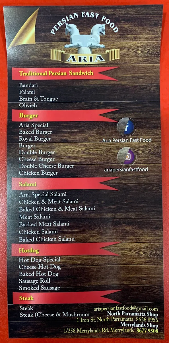 Menu, Aria Sandwich Merrylands