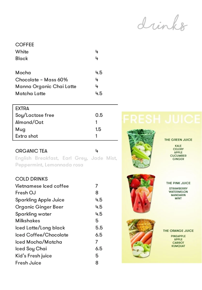 Menu, Manna Lane Cafe