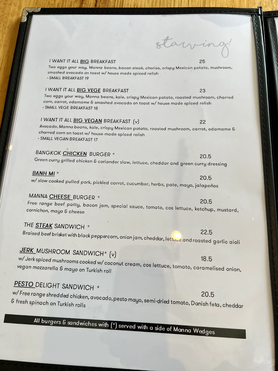 Menu, Manna Lane Cafe