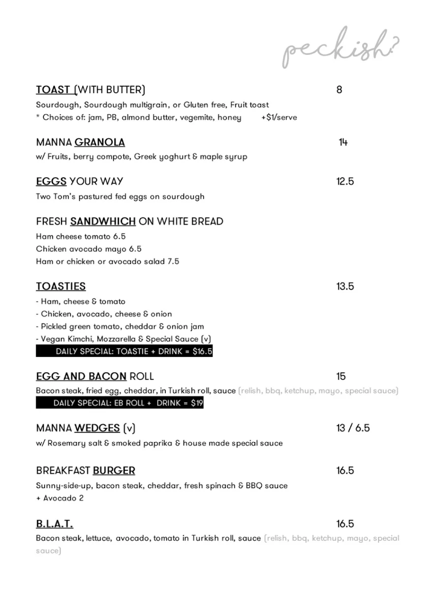 Menu, Manna Lane Cafe