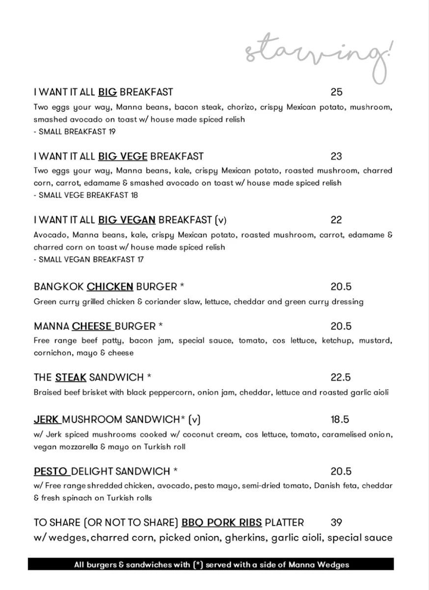 Menu, Manna Lane Cafe