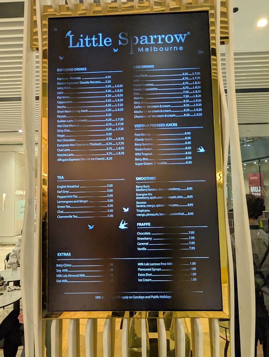 Menu, Little Sparrow Melbourne - Kiosk