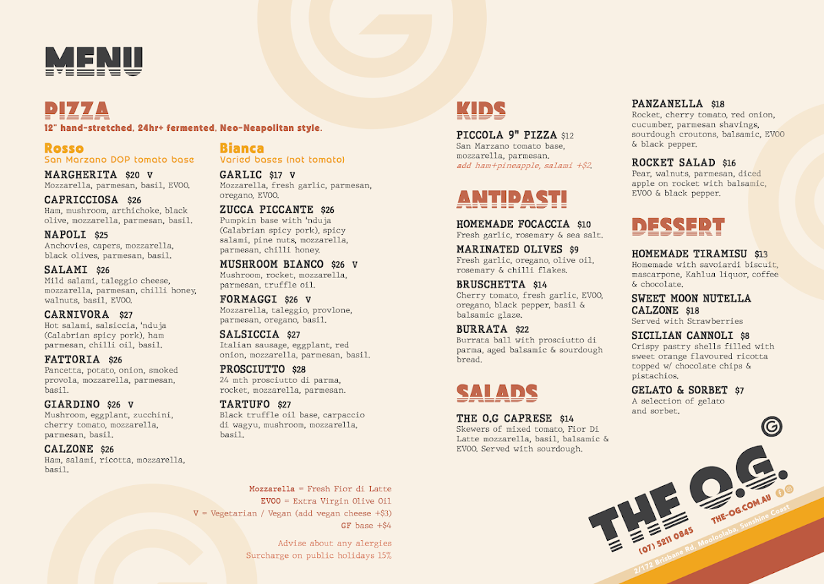 Menu, The O.G. Pizza