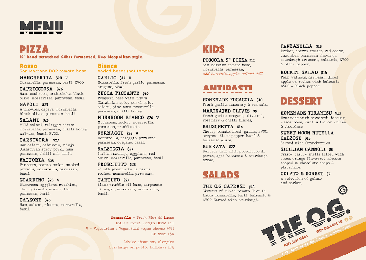 Menu, The O.G. Pizza