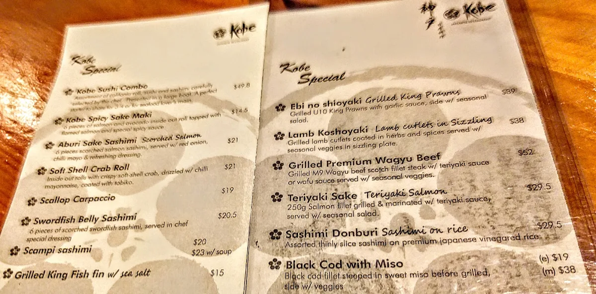 Menu, Kobe Teppanyaki Japanese Restaurant