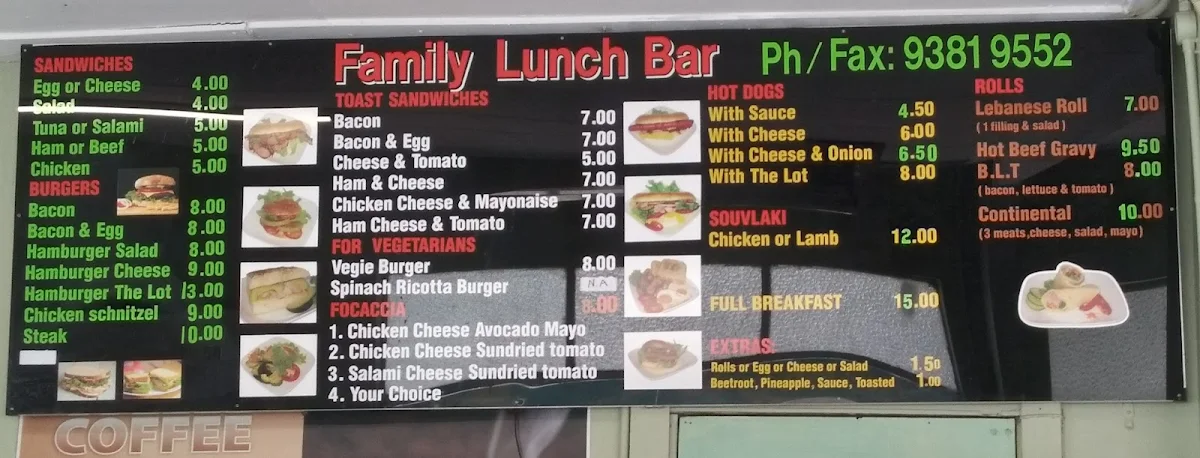 Menu, Family Lunch Bar