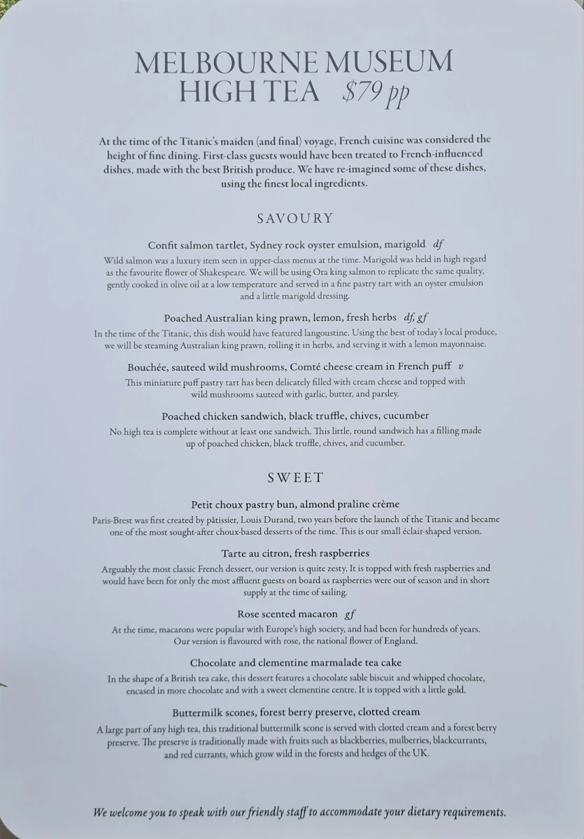 Menu, Melbourne Museum - Museum Market Cafe