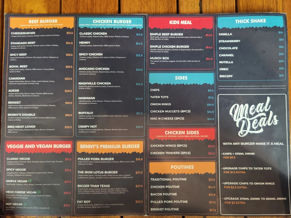Menu, Benny's American Burger Milton