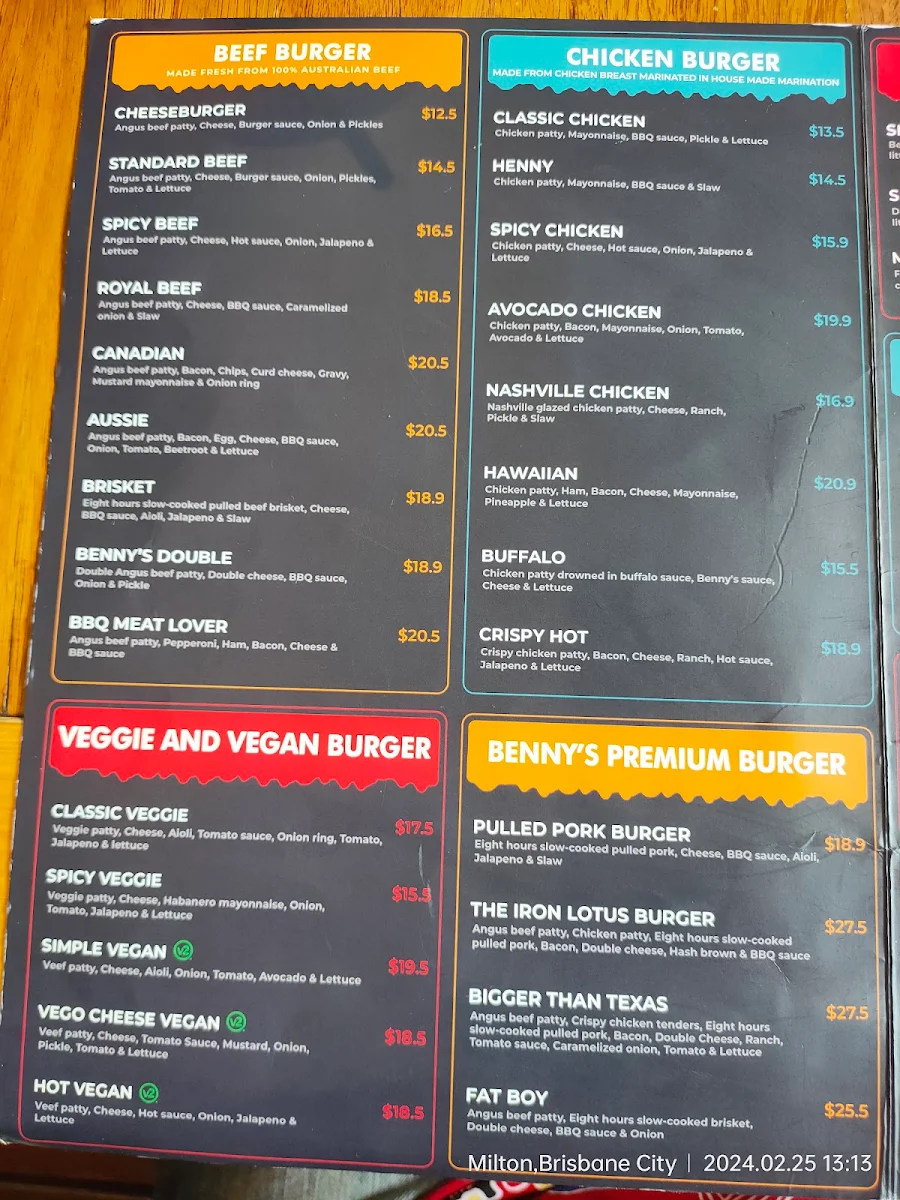 Menu, Benny's American Burger Milton
