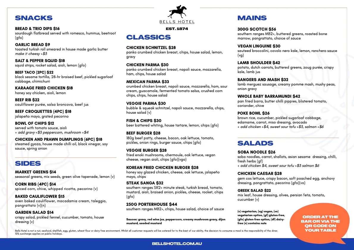 Menu, Bells Hotel