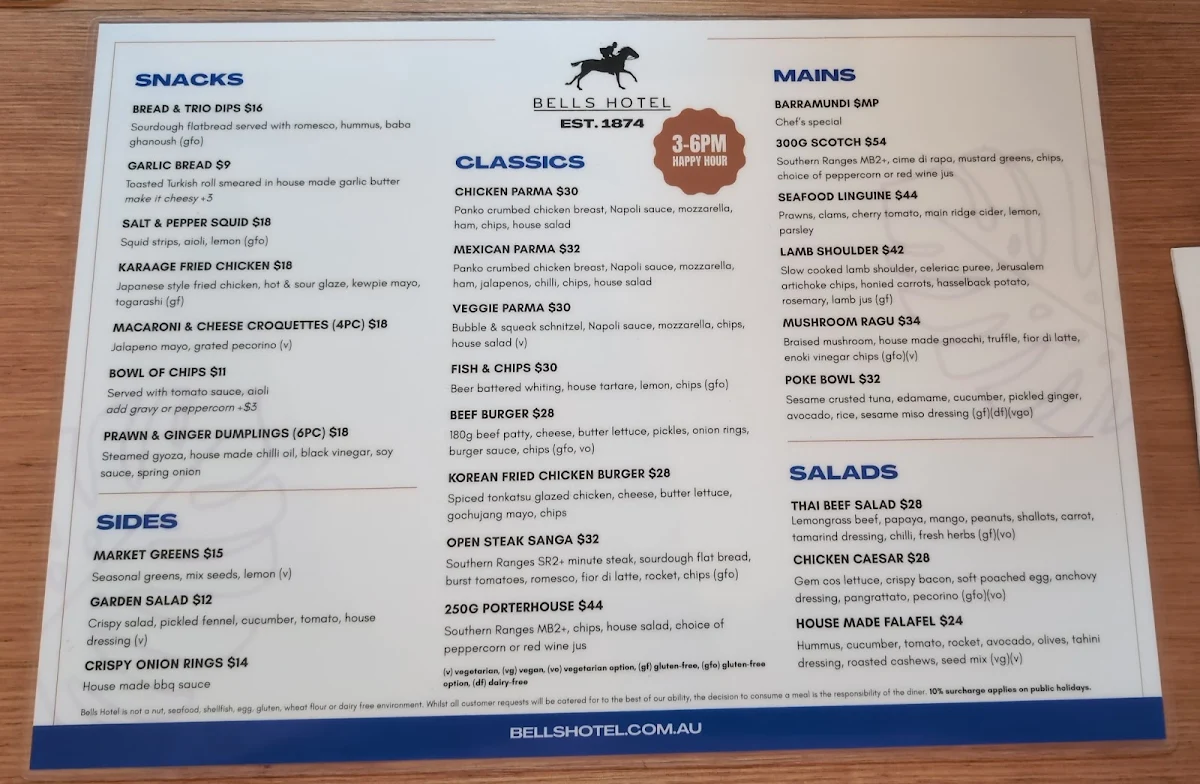 Menu, Bells Hotel