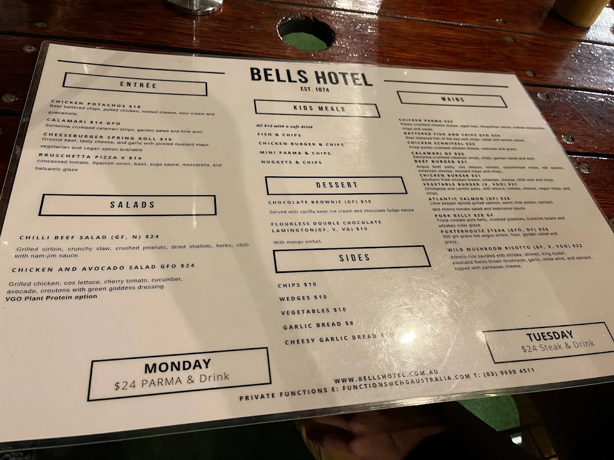 Menu, Bells Hotel
