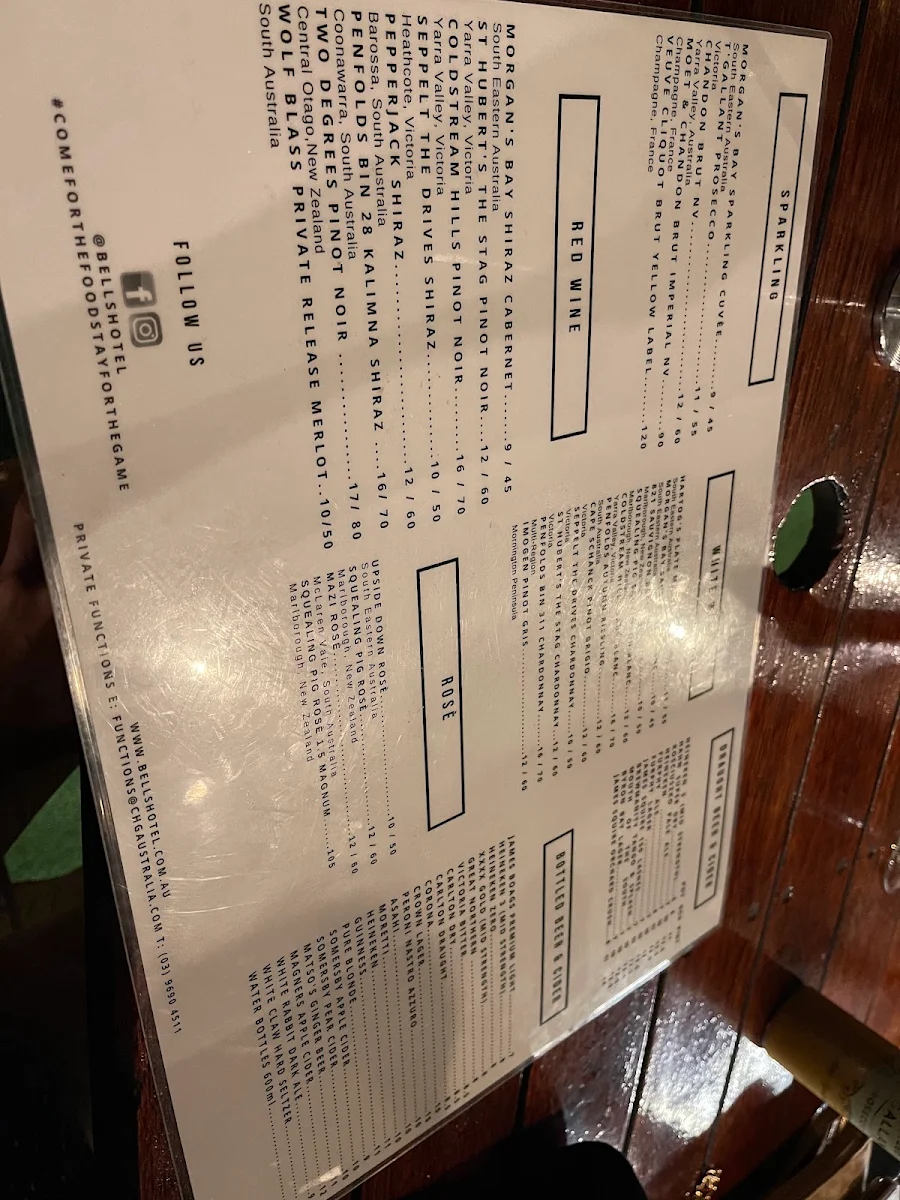 Menu, Bells Hotel