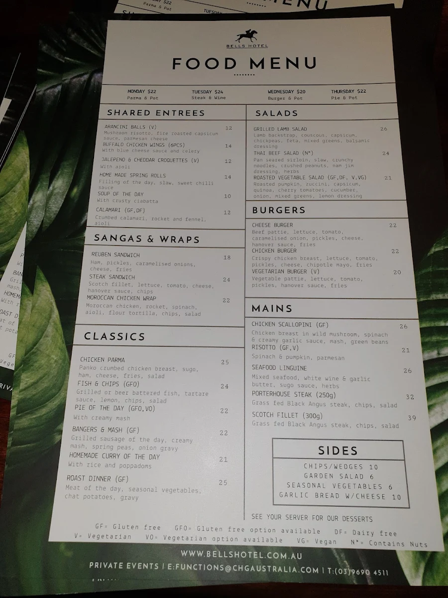 Menu, Bells Hotel