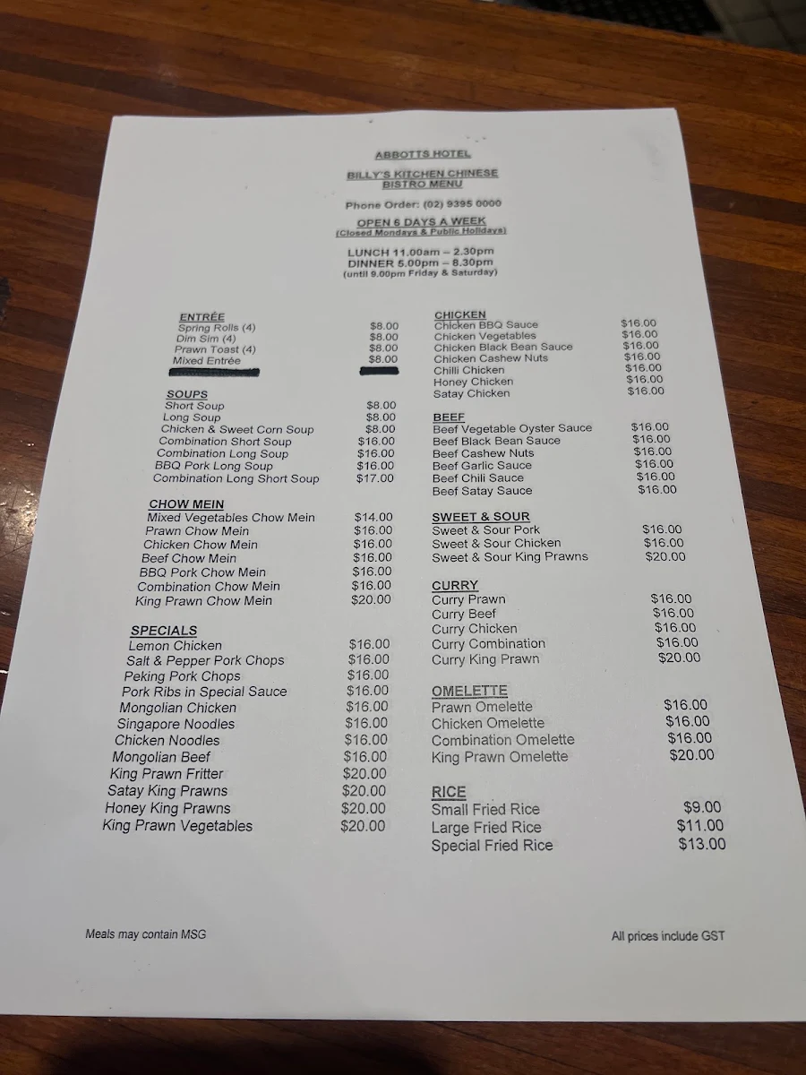 Menu, Abbotts Hotel