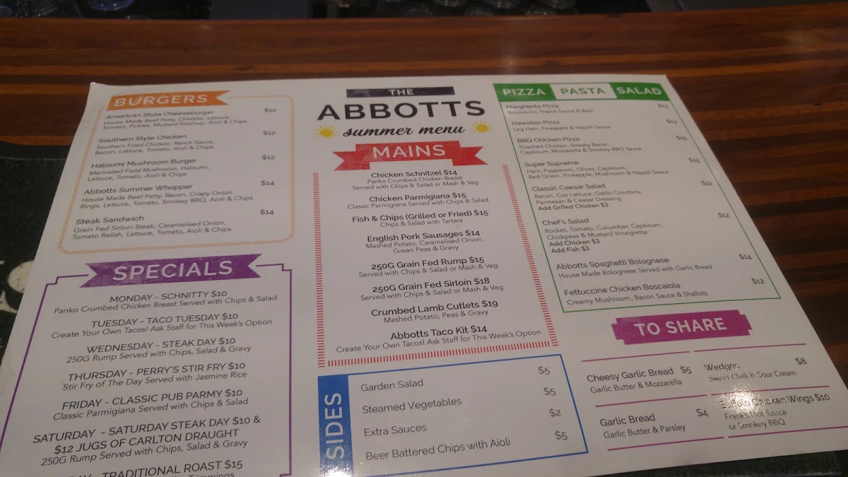 Menu, Abbotts Hotel