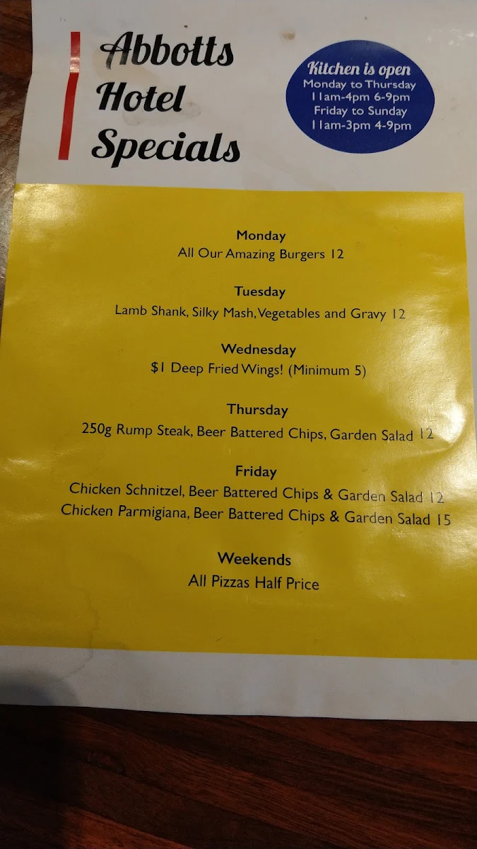 Menu, Abbotts Hotel