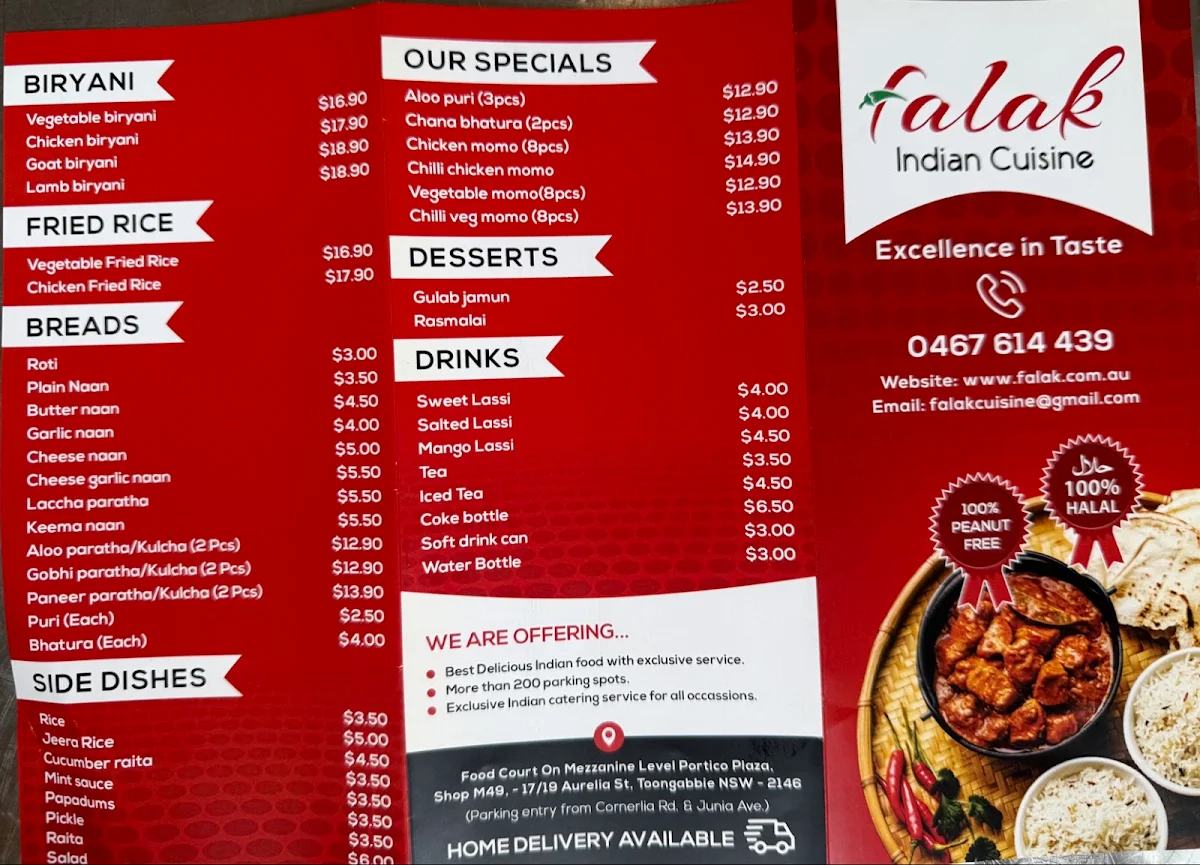 Menu, Falak Indian Cuisine