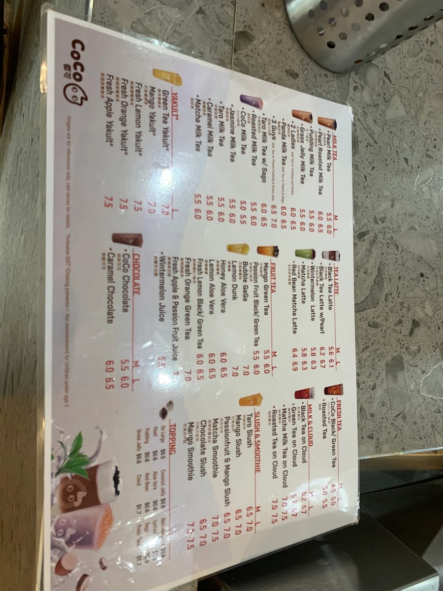 Menu, CoCo Fresh Tea & Juice Ultimo