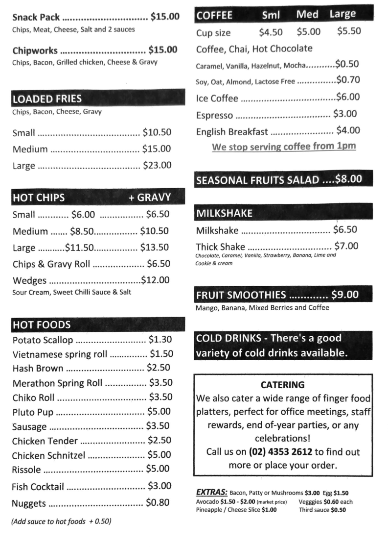Menu, Snak A Tak Takeaway & Cafe