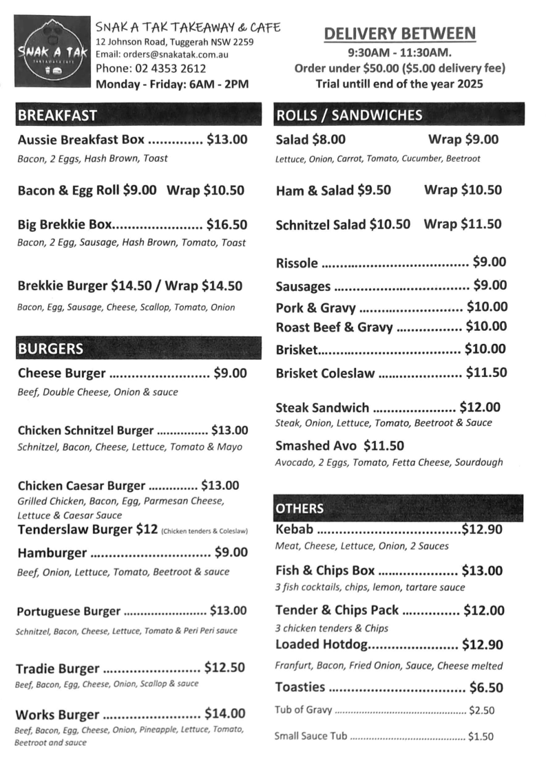 Menu, Snak A Tak Takeaway & Cafe