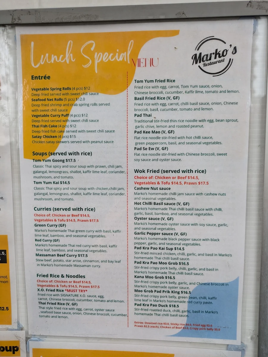 Menu, Marko's Restaurant