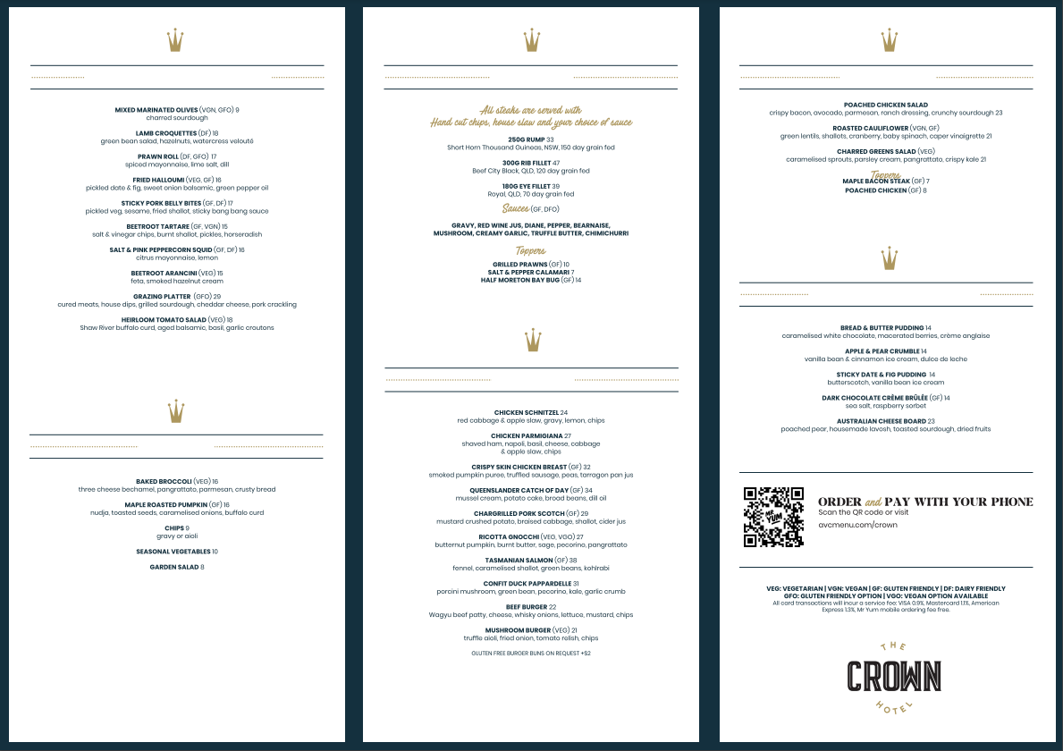 Menu, Crown Hotel