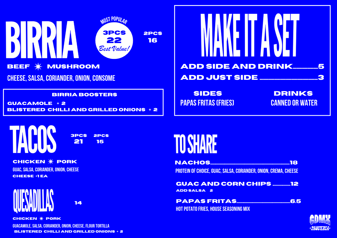 Menu, CDMX Melbourne Central