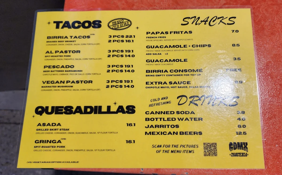 Menu, CDMX Melbourne Central