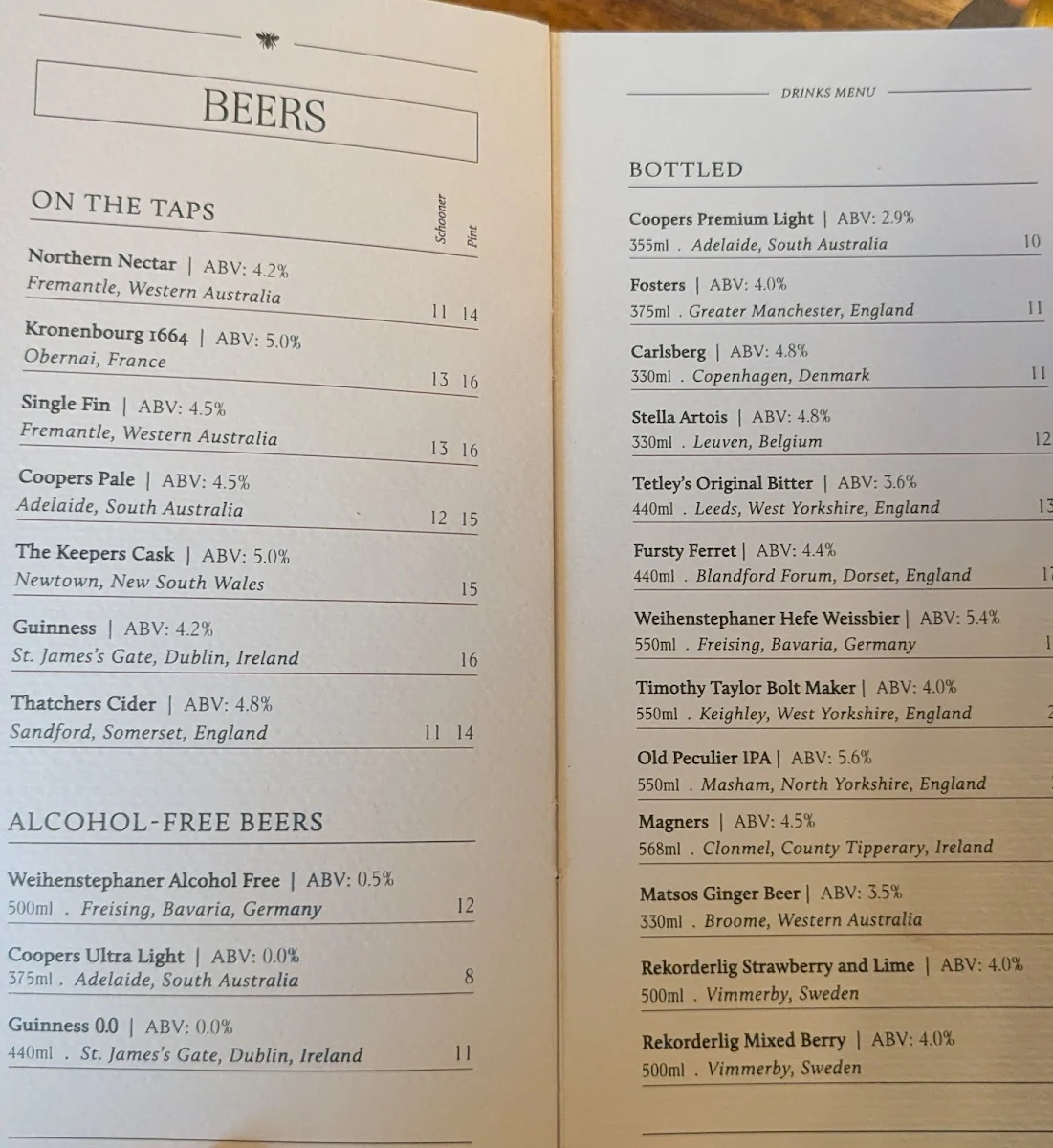 Menu, The Beekeeper Bondi