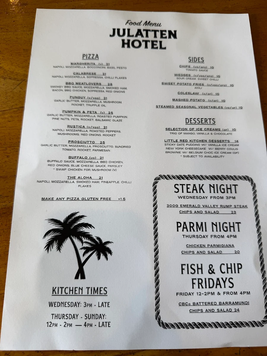 Menu, Julatten Tavern