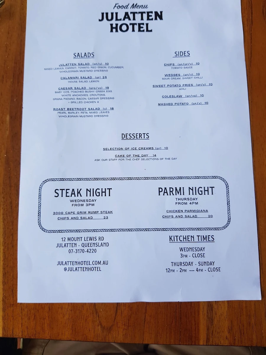 Menu, Julatten Tavern