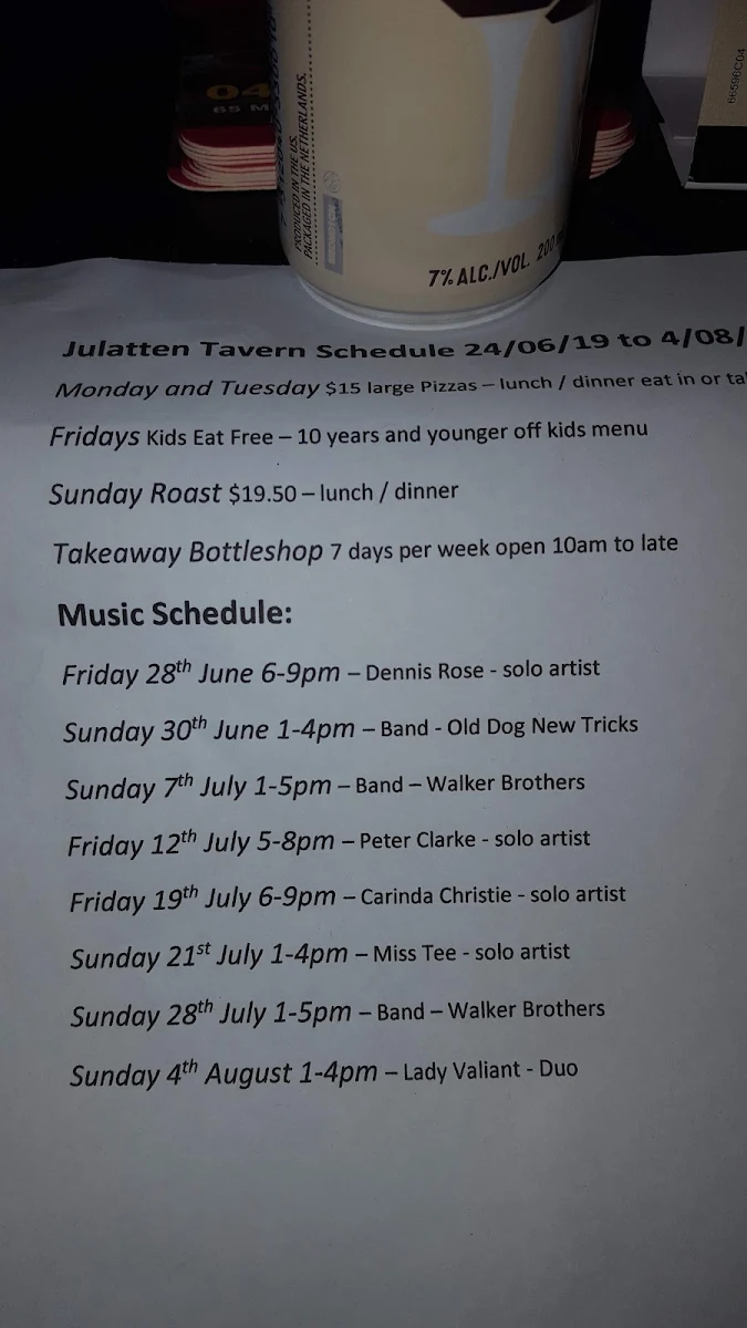 Menu, Julatten Tavern