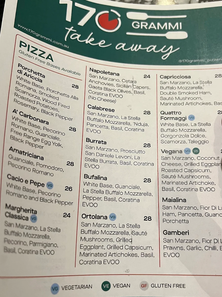 Menu, 170 Grammi Pizzeria