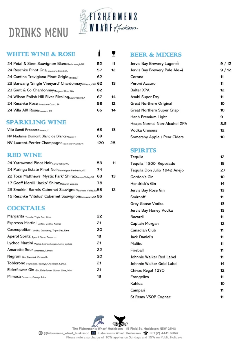 Menu, The Fishermens Wharf Huskisson