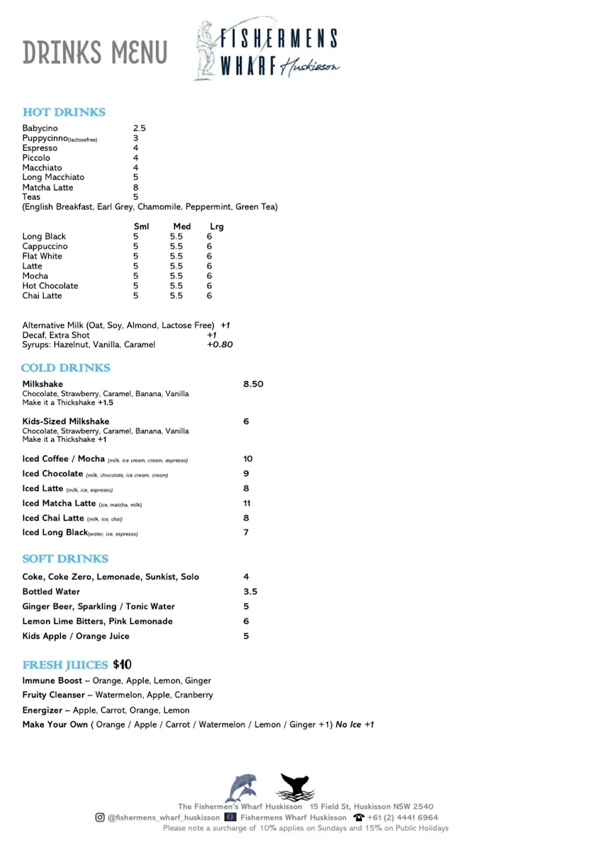 Menu, The Fishermens Wharf Huskisson