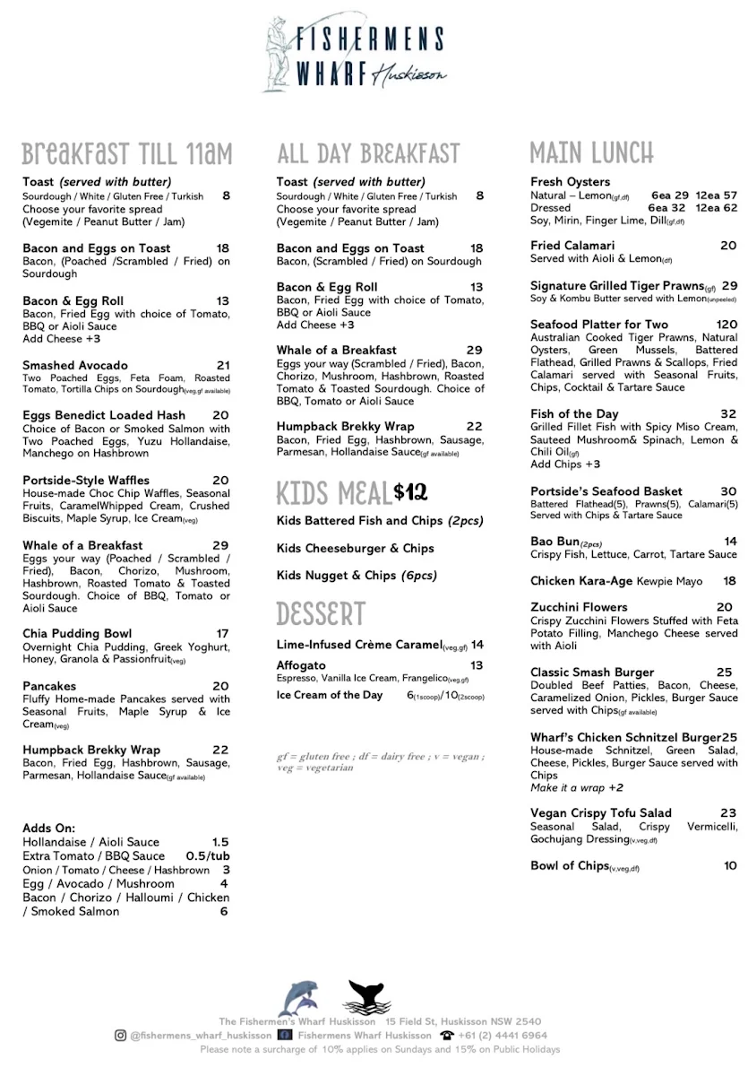 Menu, The Fishermens Wharf Huskisson