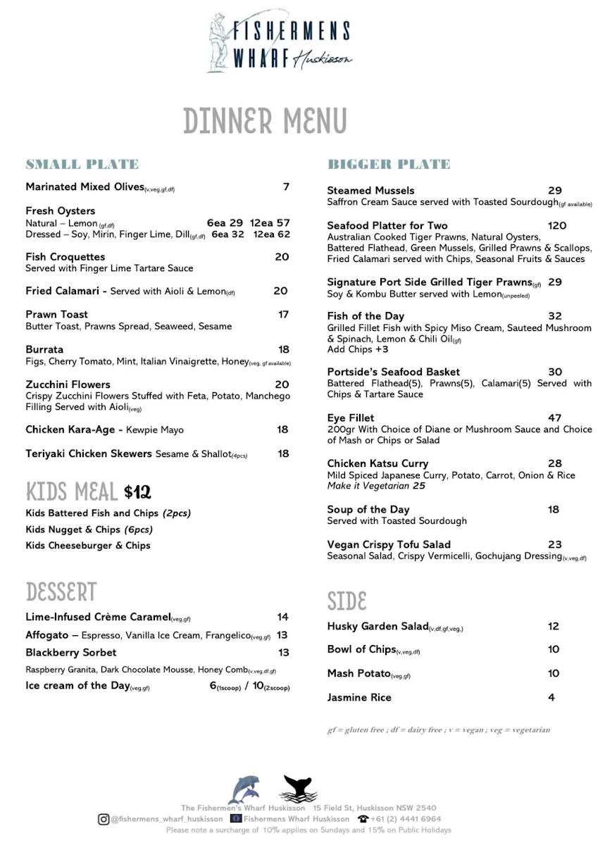 Menu, The Fishermens Wharf Huskisson