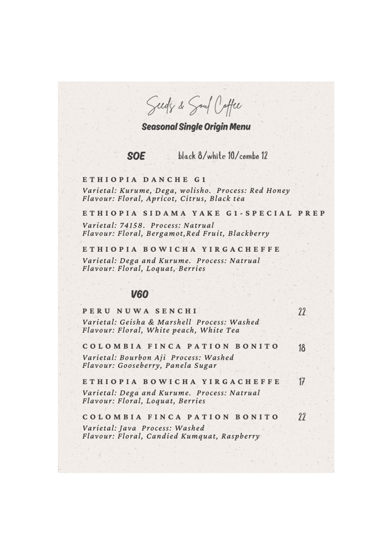 Menu, Seeds and Soul Coffee