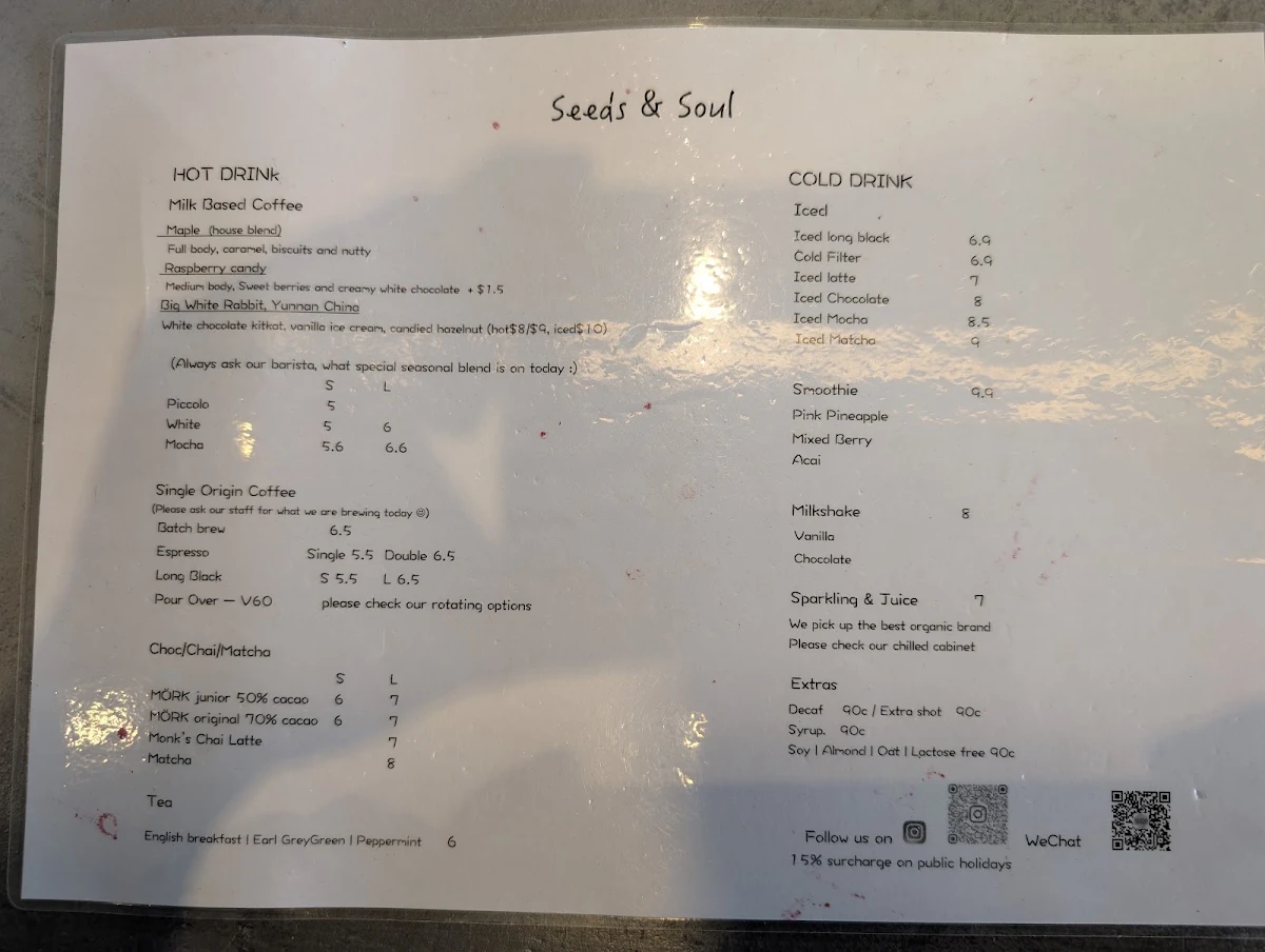 Menu, Seeds and Soul Coffee