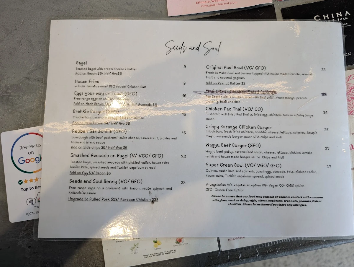 Menu, Seeds and Soul Coffee