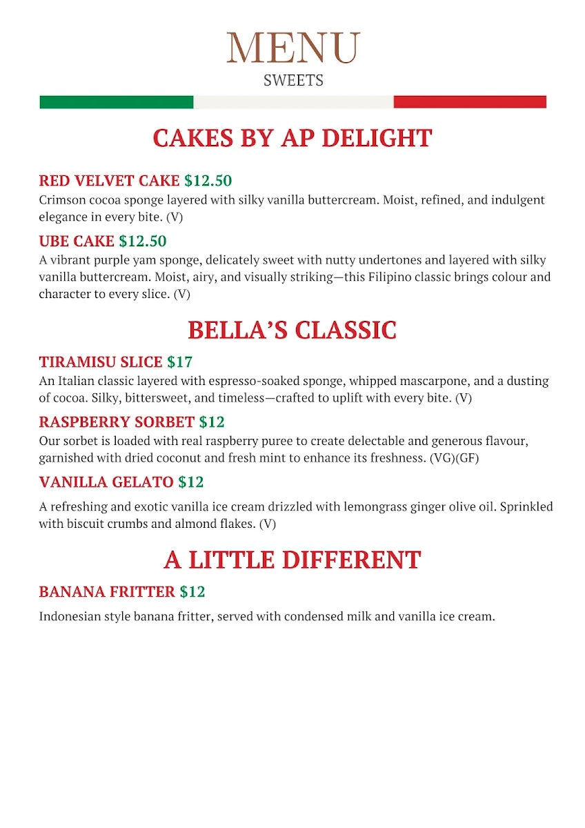 Menu, Bella Alice