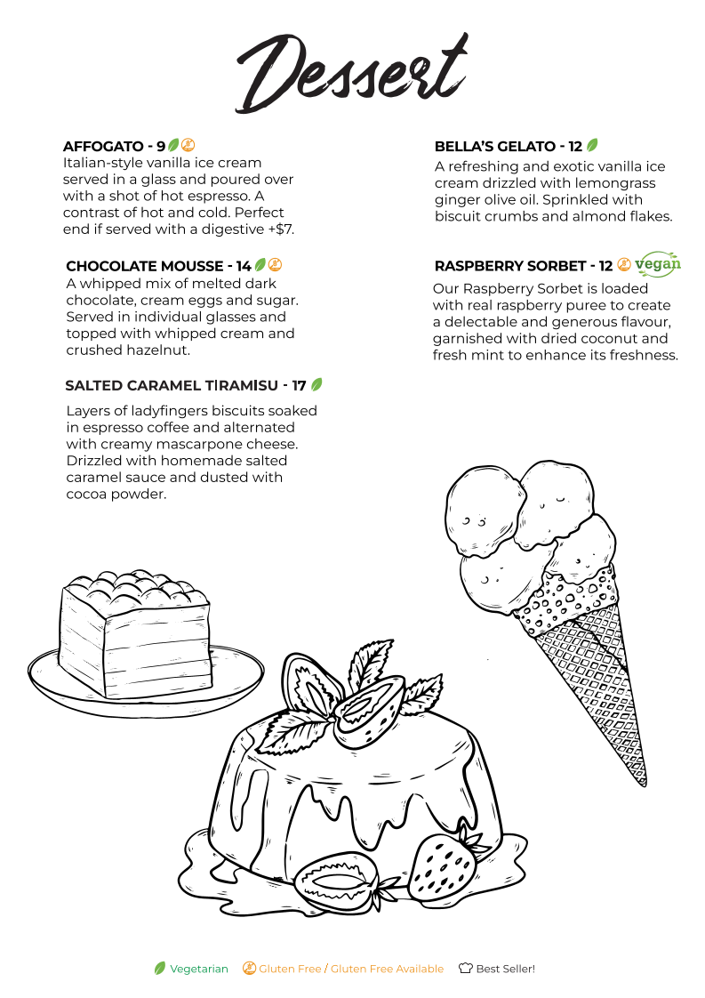 Menu, Bella Alice