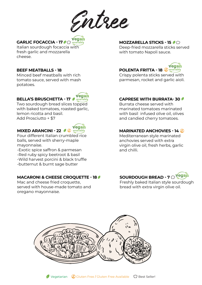 Menu, Bella Alice