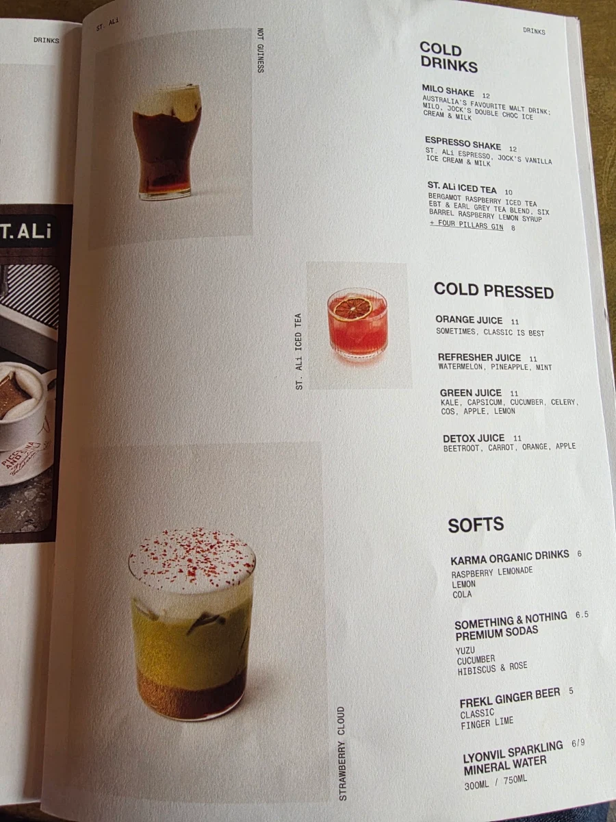 Menu, ST. ALi Coffee Roasters - South Melbourne