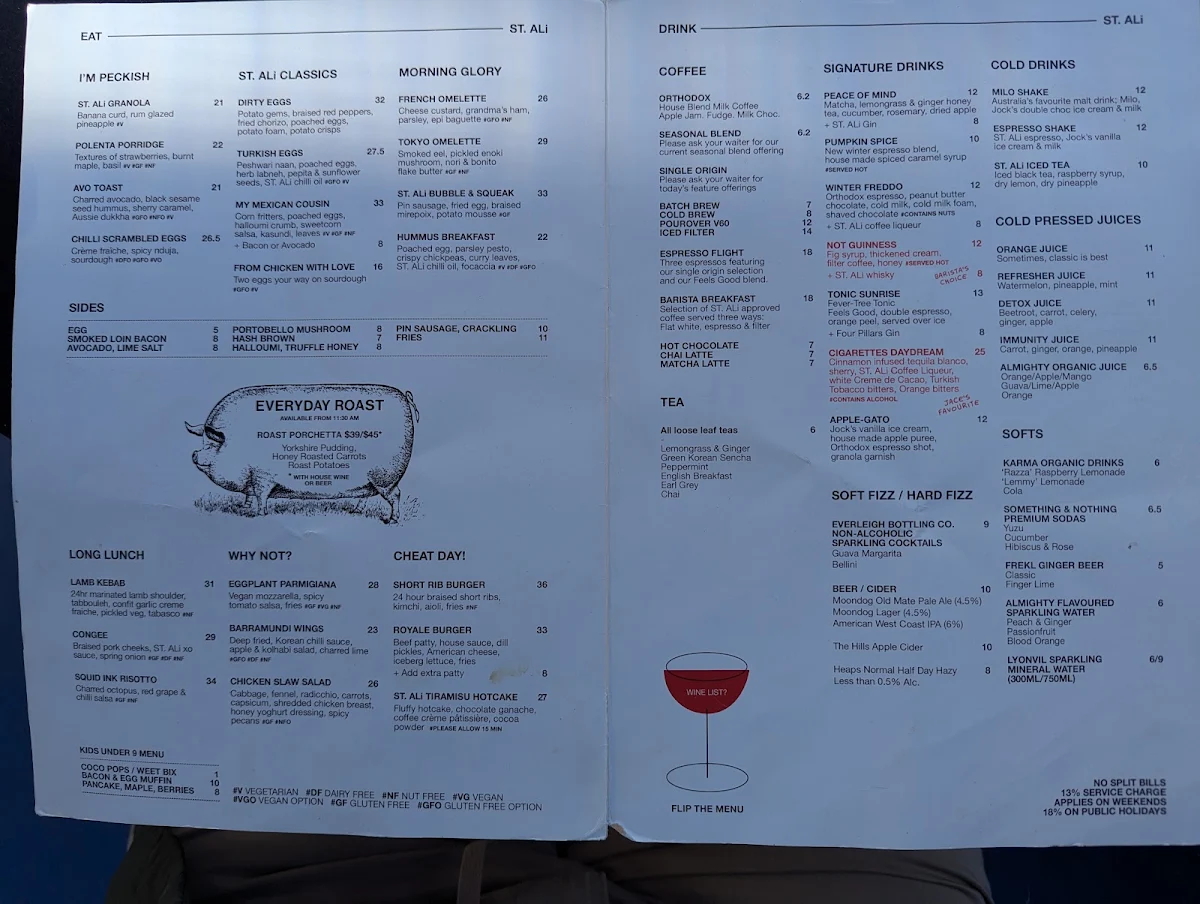 Menu, ST. ALi Coffee Roasters - South Melbourne