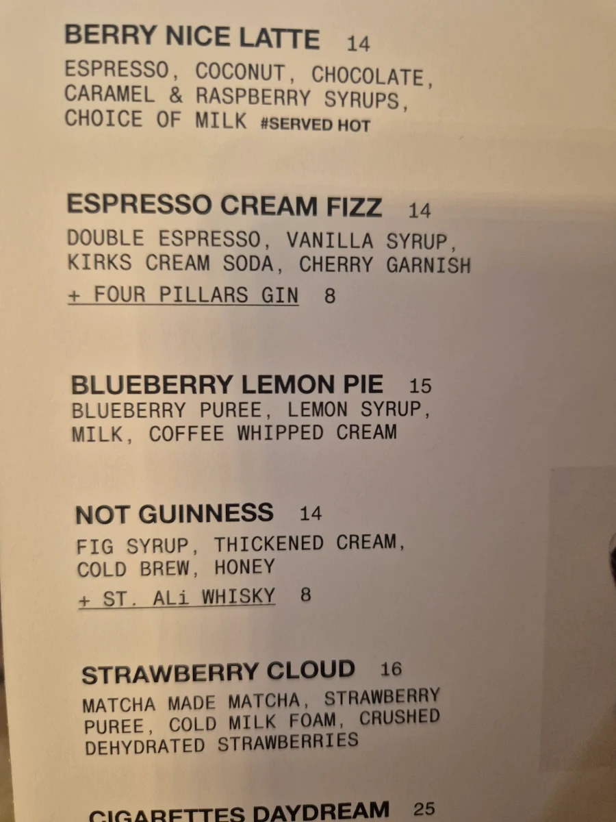 Menu, ST. ALi Coffee Roasters - South Melbourne