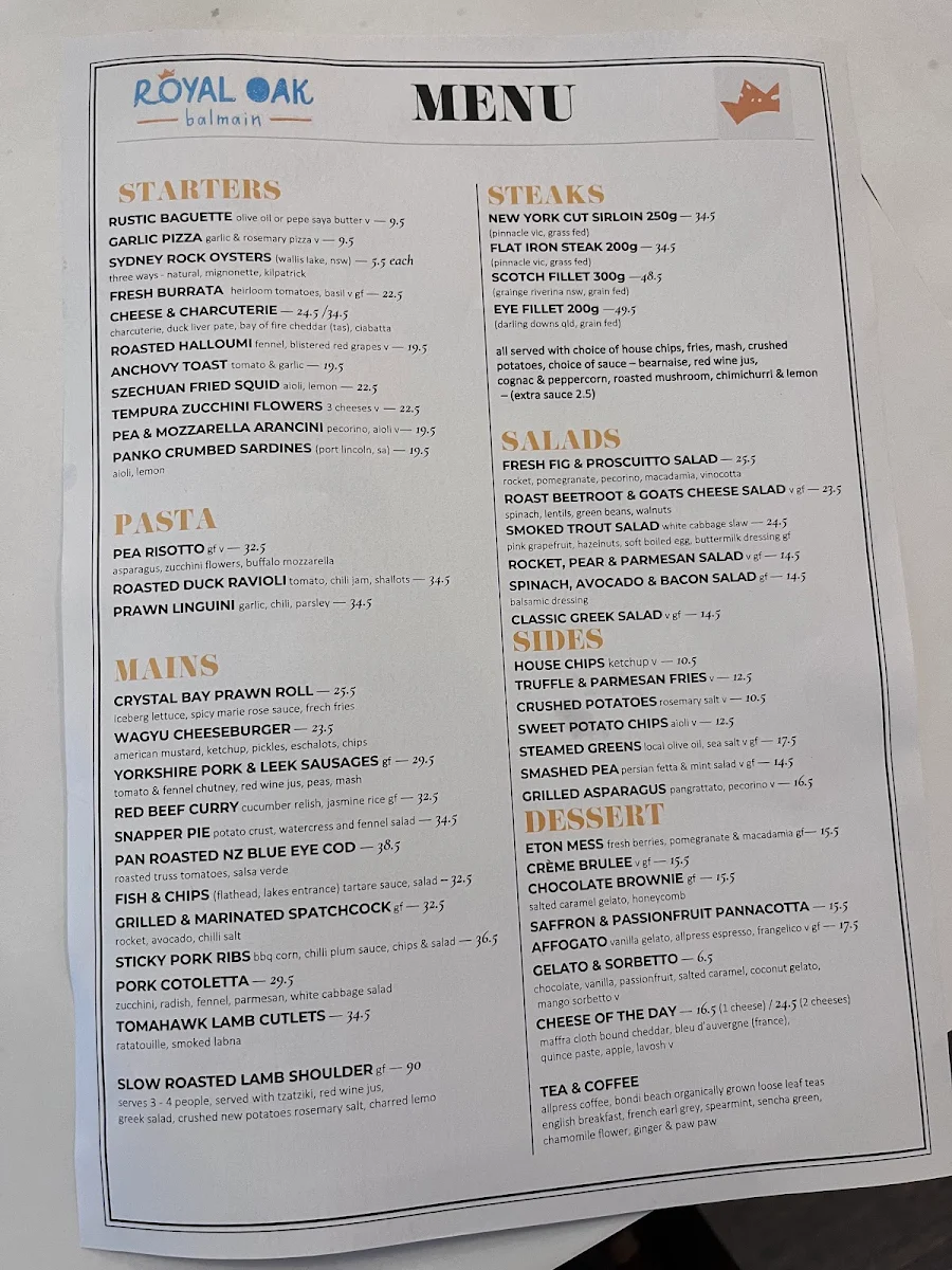 Menu, The Royal Oak